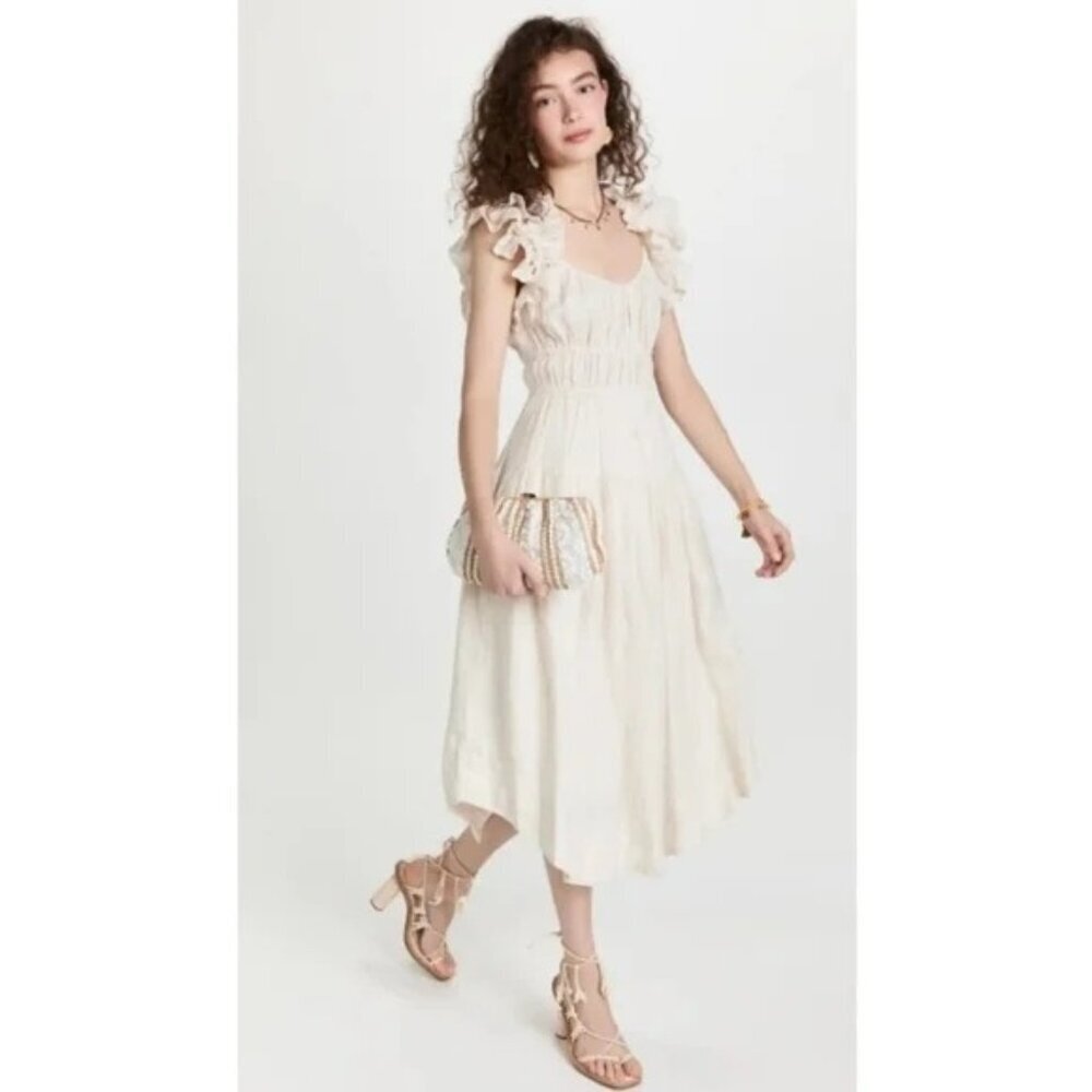 Ulla Johnson Rissa Ruffle Sleeve Linen Midi Dress in Sand Stripes Size 8